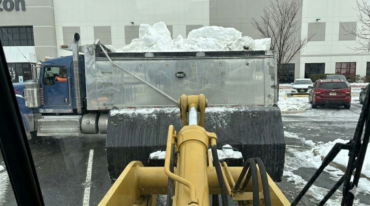 Loader filling a dump truck with snow from a commercial parking lot